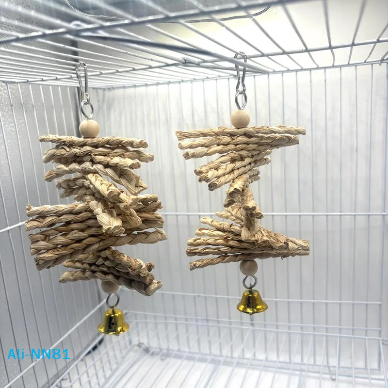 【N】Parrot Chew Toys Natural Corn Husk Braided Teething Bell String Chewing Toys For Pet Birds Entertainment And Anxiety Relief