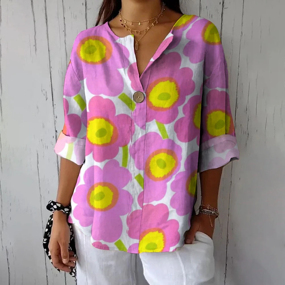 

Women's Casual Cotton Linen Graphic Shirt 2024 Trendy Colorful Flower Print Top Loose Beach Vacation Clothing Large Size