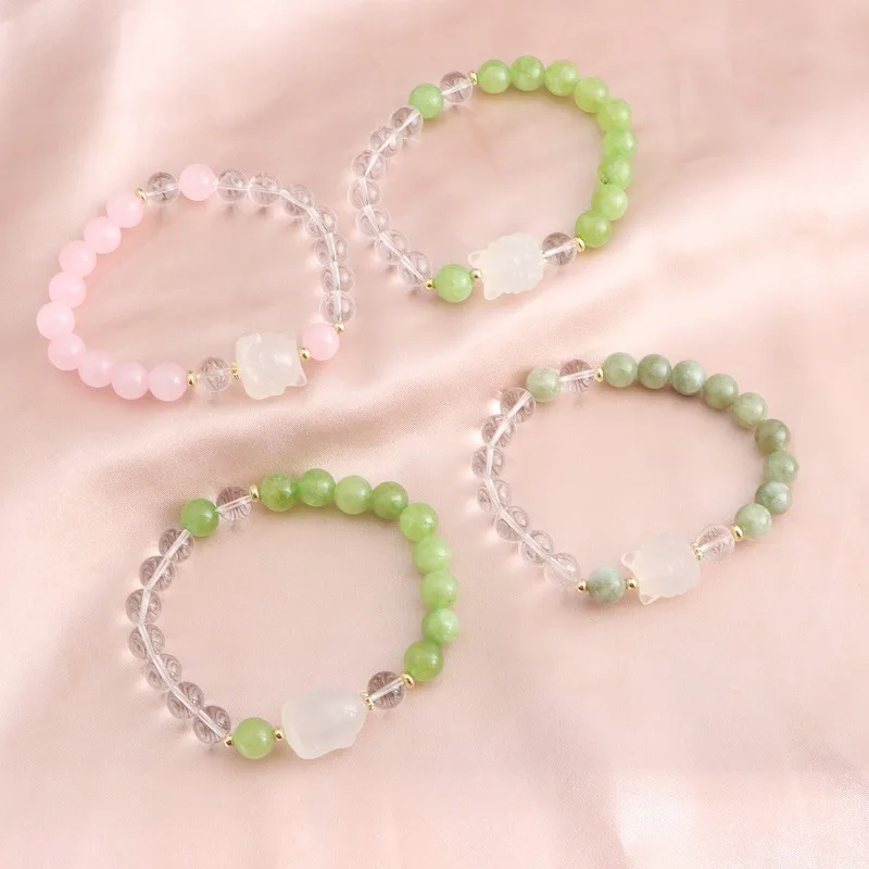 Minar Funny Candy Color Natural Stone Crystal Aquamarine Chalcedony Rabbit Cat PI Xiu Flower Bear Strand Bracelets for Women