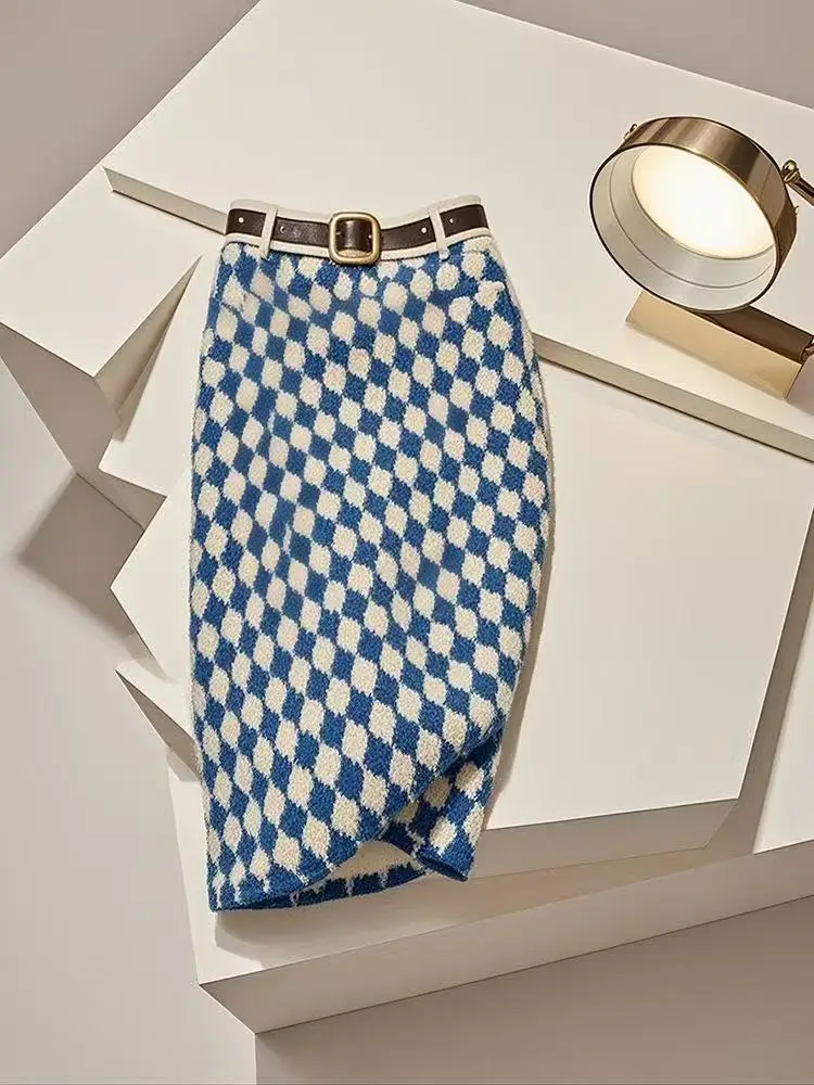 

Autumn Winter New Blue Diamond Grid Half Skirt Women Temperament High Waist Slim Knitted Skirt Beautiful Office Lady Skirts