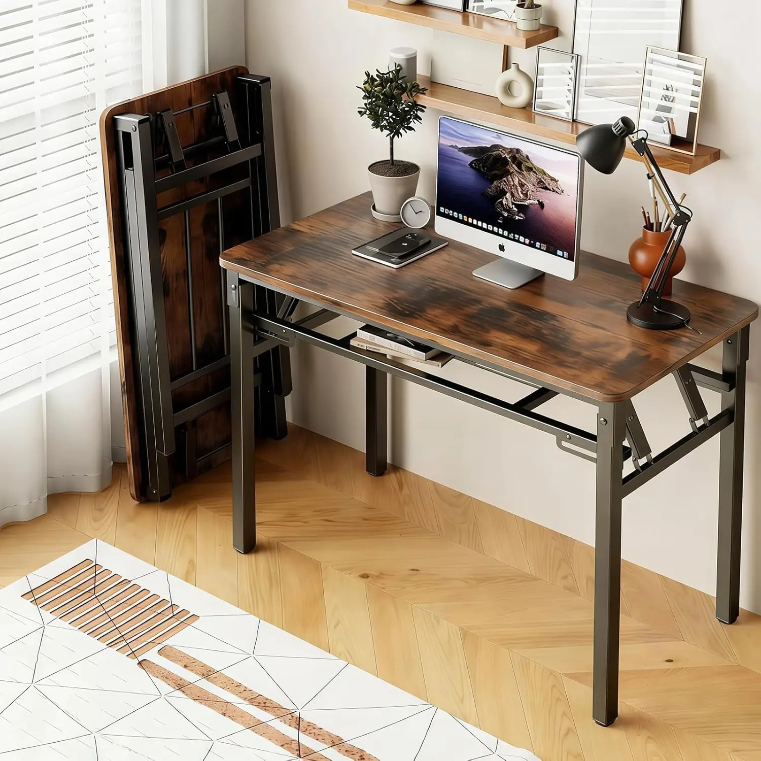 

39.4" Folding Computer Desk, No Assembly Needed, Portable Large Office Table, Space-Saving Home Desk, Brown