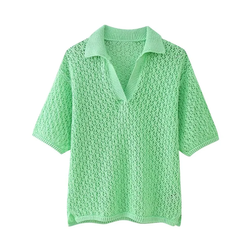 Women Fashion Green Knitted Hollow Out Shirts Vintage Lapel Collar Short Sleeves Female Chic Lady Tops