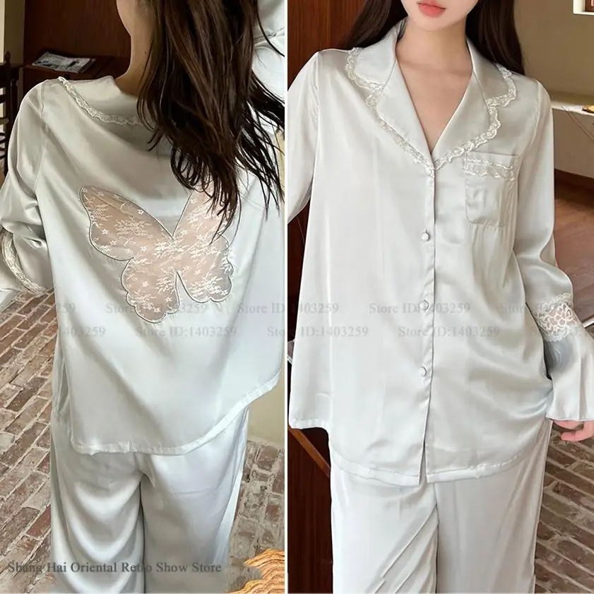 

Женские пижамы, комплект из 2 предметов, модная одежда для сна, домашняя одежда, сексуальный кружевной брючный костюм с вышивкой и бабочкой, весенняя шелковая атласная одежда для дома