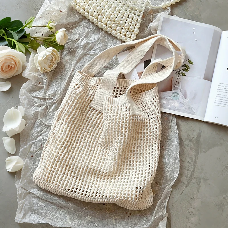 Neue Damen Mädchen Gestrickte Schultertaschen Retro Hohl Gewebte Große Kapazität Shopper Handtaschen Häkeltasche