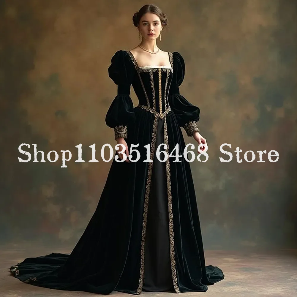 

Vintage Black Velvet Prom Dresses With Puff Long Sleeves Square Collar A-Line Princess Victorian Costume Evening Dress Custom