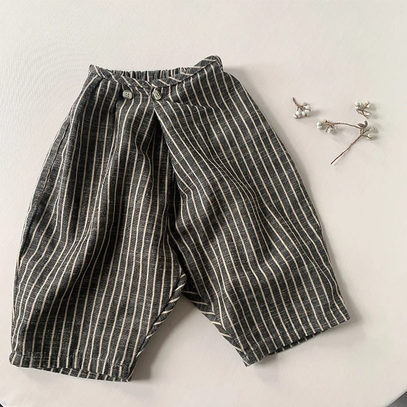 Frühling Sommer Kinderhosen 1-8 Jahre Jungen Mädchen Baumwolle Leinen Gestreifte Knöchellange Gerade Hosen Kleinkind-Unterteile für Kinderkleidung – Detail 1