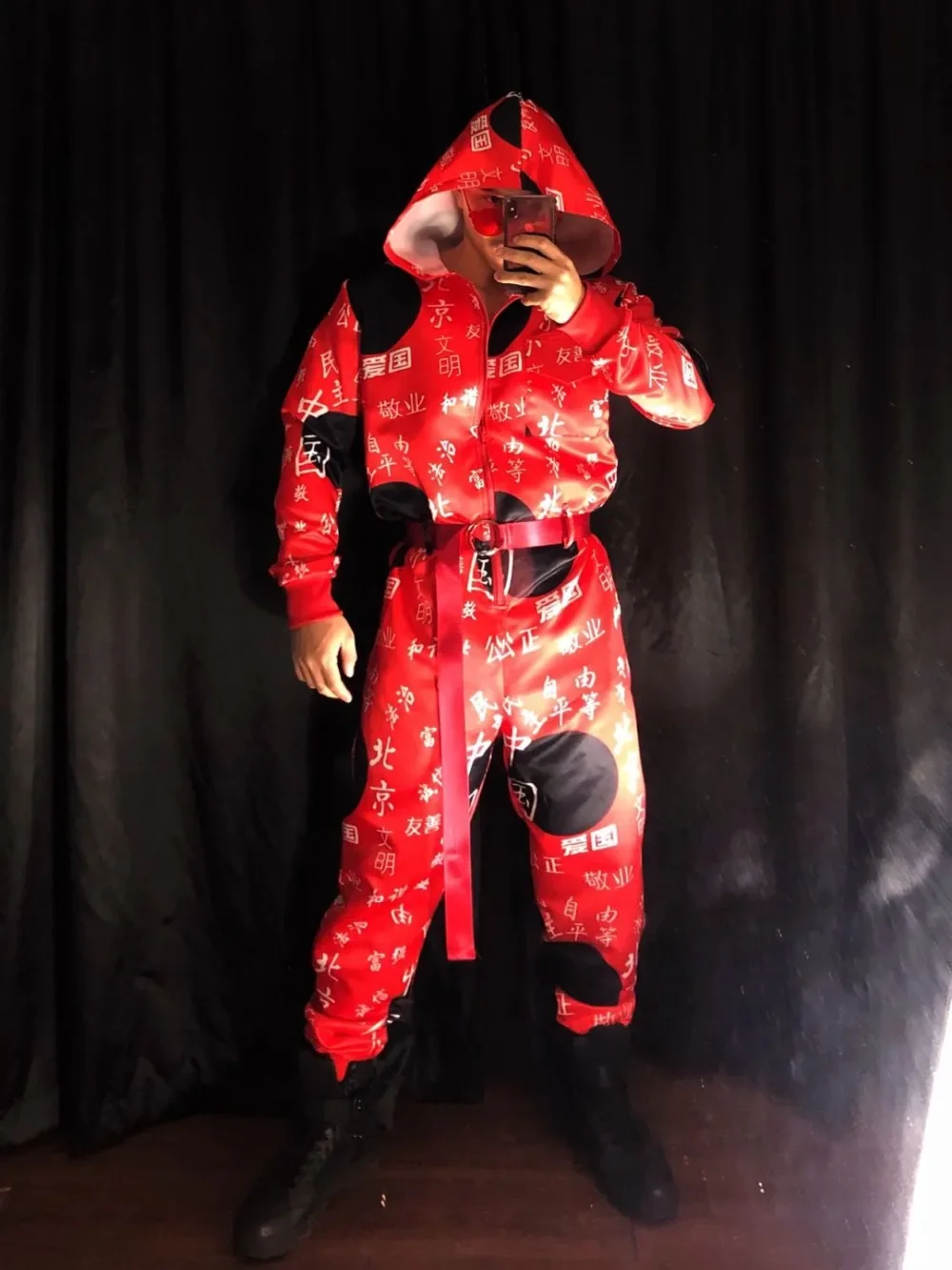 Red Printed Overalls Hip Hop Dance Costume Letter Pattern Zipper Jumpsuit Male Jazz Dancer Team Performance Clothes Stage Wear