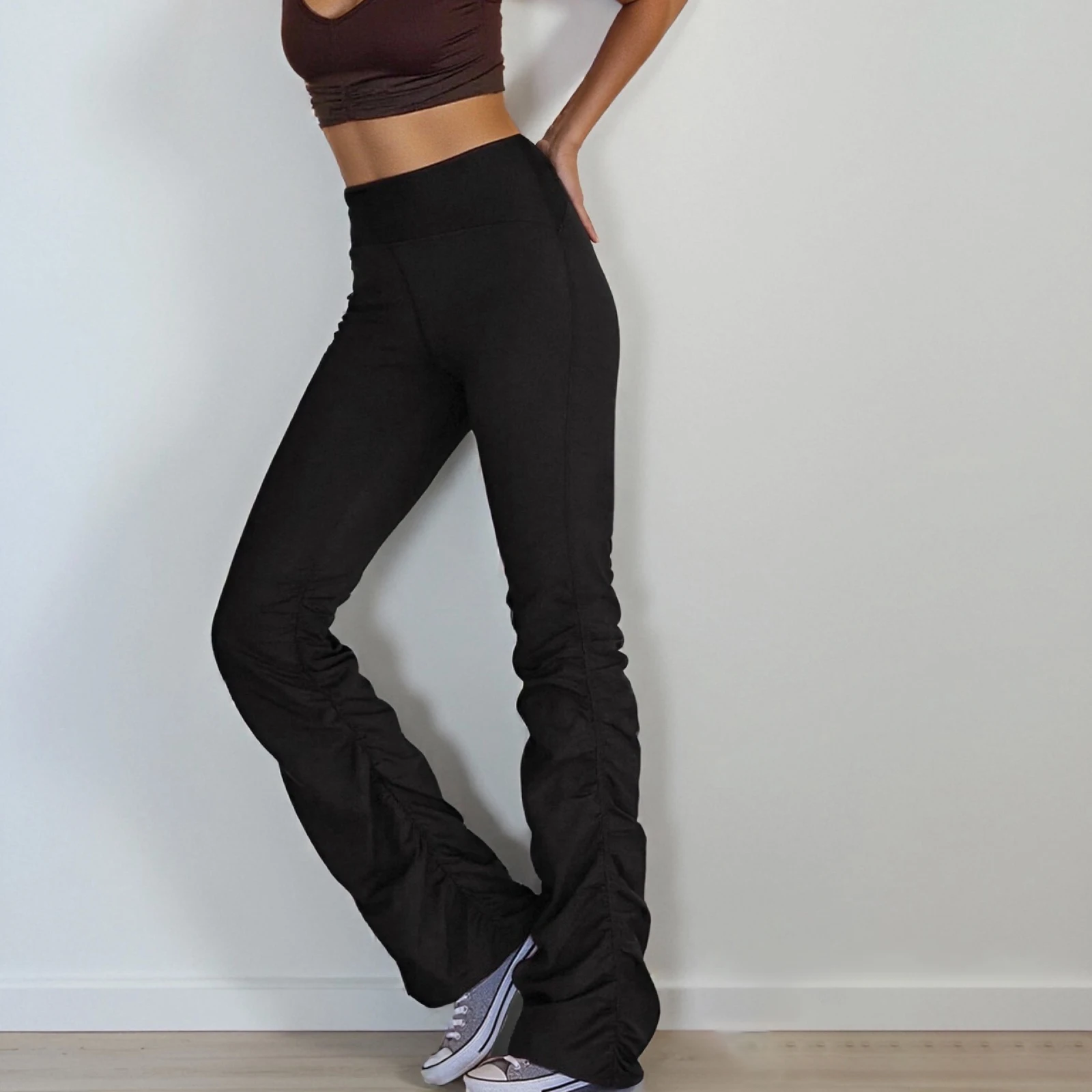 Women Yoga Pants High Waist Stretchy Pleated Workout Leggings Exercise Running Sport Pants