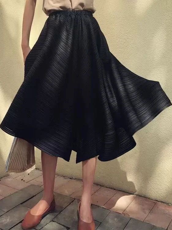 

Summer Casual Wide Leg Pants Women's High Waist A-Line Skirt High Waist Pleated Asymmetrical Umbrella ape Casual Skirt