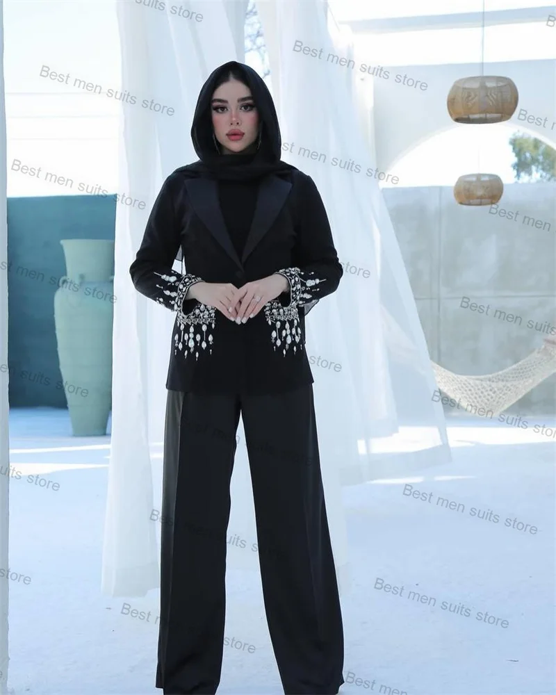 

Black Formal Women Suit Pants Set 2 Piece Crystals Blazer+Trousers Office Jacket Custom Size Wedding Tuxedo Coat Party Prom Wear