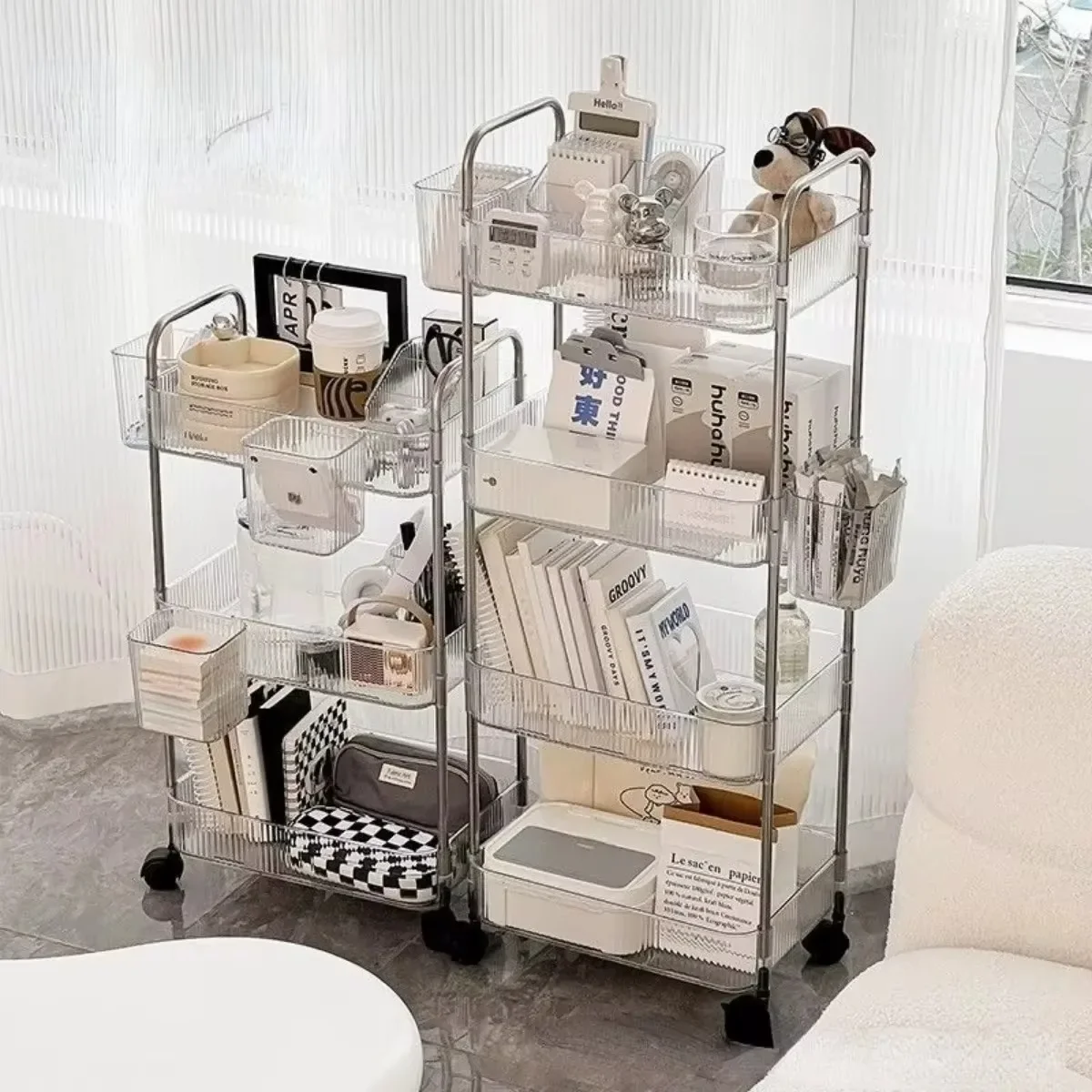 Storage Rack Trolley Multi Storey Transparent Acrylic Rolling Cart with Hanging Baskets Snack Book Storage Shelf Home Organizer