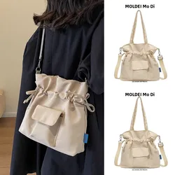 Trendy Large Capacity Commuter Canvas Tote Bag Crossbody Shoulder Drawstring Bag for Work Soft Handbag Pure Color Design