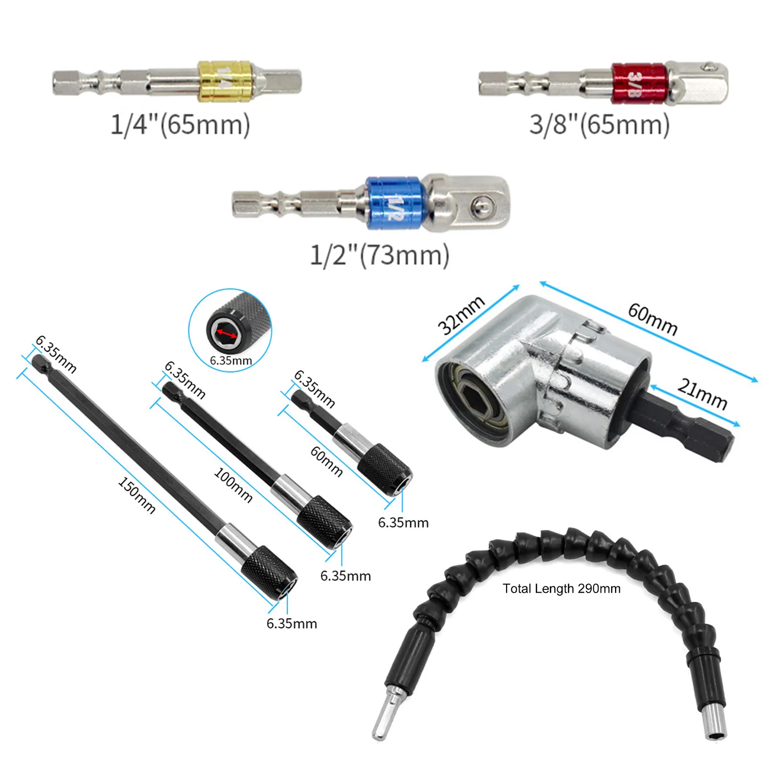 18Pcs Flexible Drill Bit Extension Set 105°Right Angle Drill Attachment Rotatable Joint Socket 1/4 3/8 1/2 Inch Hex Socket