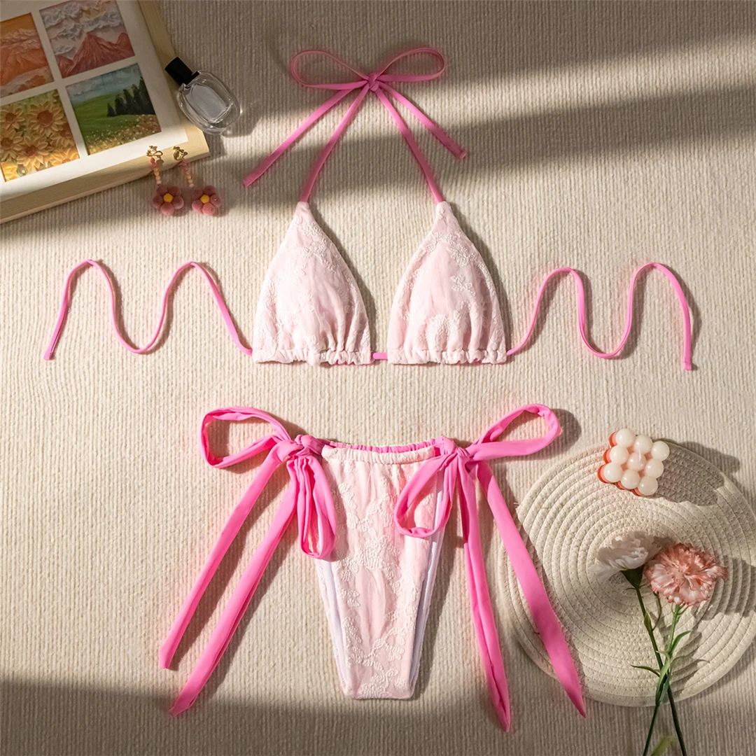 Bestickter Neckholder-Bikini mit Trägern, Damen-Badeanzug, zweiteiliges Bikini-Set, hoch geschnittener Badeanzug, Badebekleidung, Modell V5432 – Detail 11