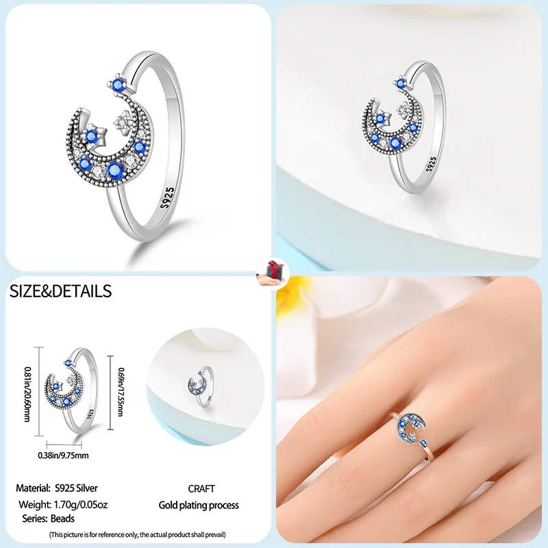 Anello luminoso in argento sterling 925 con stella e luna di lucciola anello starburst per le donne regalo di gioielli di fidanzamento di nozze per feste squisite