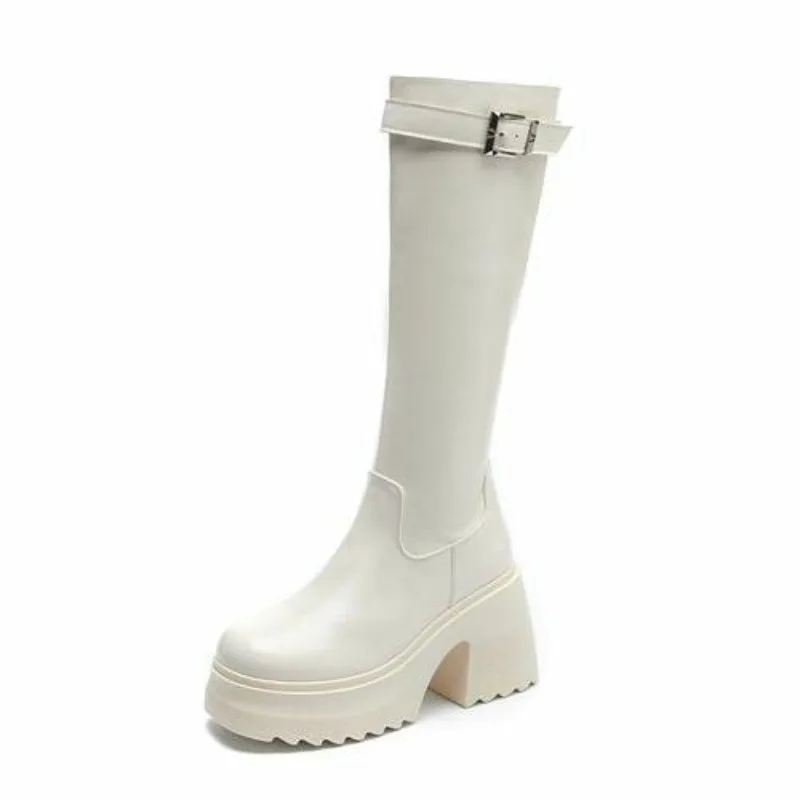 

2025 Platform Women Knee Chunky Heels Boots Fashion Belt Buckle Knight Long Booties Autumn Winter Female Thick Heel Shoes