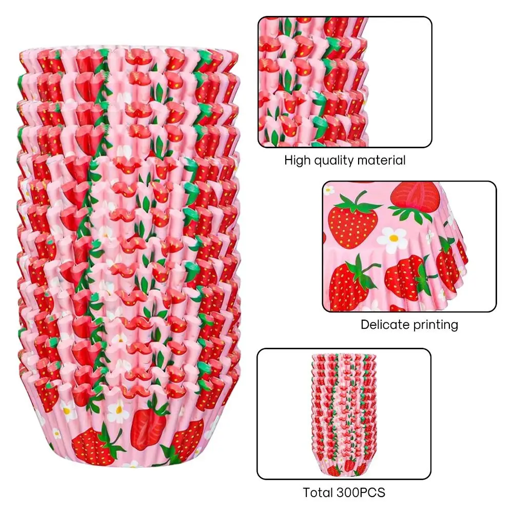 300PCS Pink Strawberry Cupcake Liners Summer Fruit Theme Paper Cups Strawberry Cupcake Toppers Standard Cupcake Liners Bulk