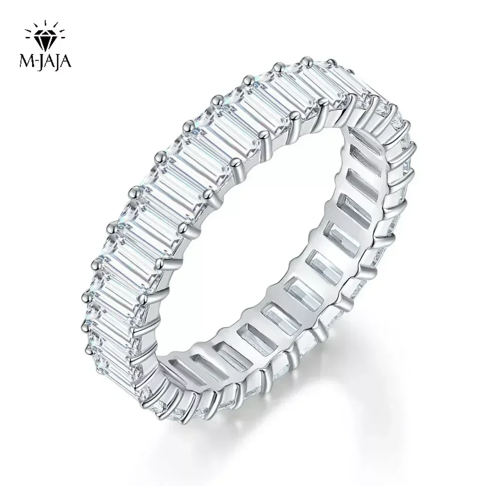 

M-JAJA Full Mossanite Ring 925 Sterling Silver Plated Gold 2*4mm Rectangular Emerald Cut Diamond Eternity Wedding Band Jewelry