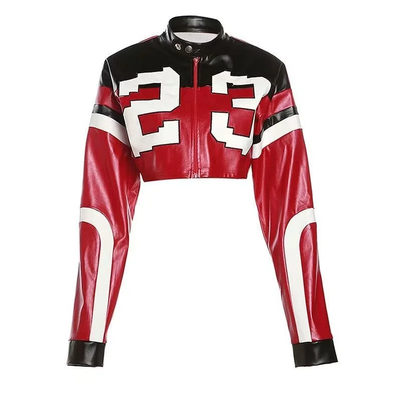 European and American 2025 New Fashion Street Fashion Digital Letter Print Sexy Cardigan Zip Slim Crop Top Jacket