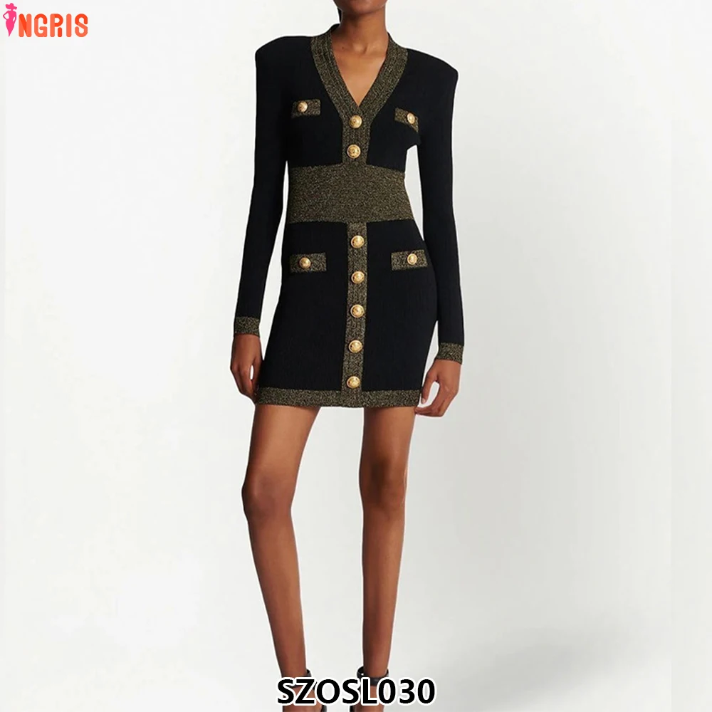 

2025 new spring women's long sleeve v-neck shiny fabric knitted zipper dress ladies knitted dress-SZOSL030
