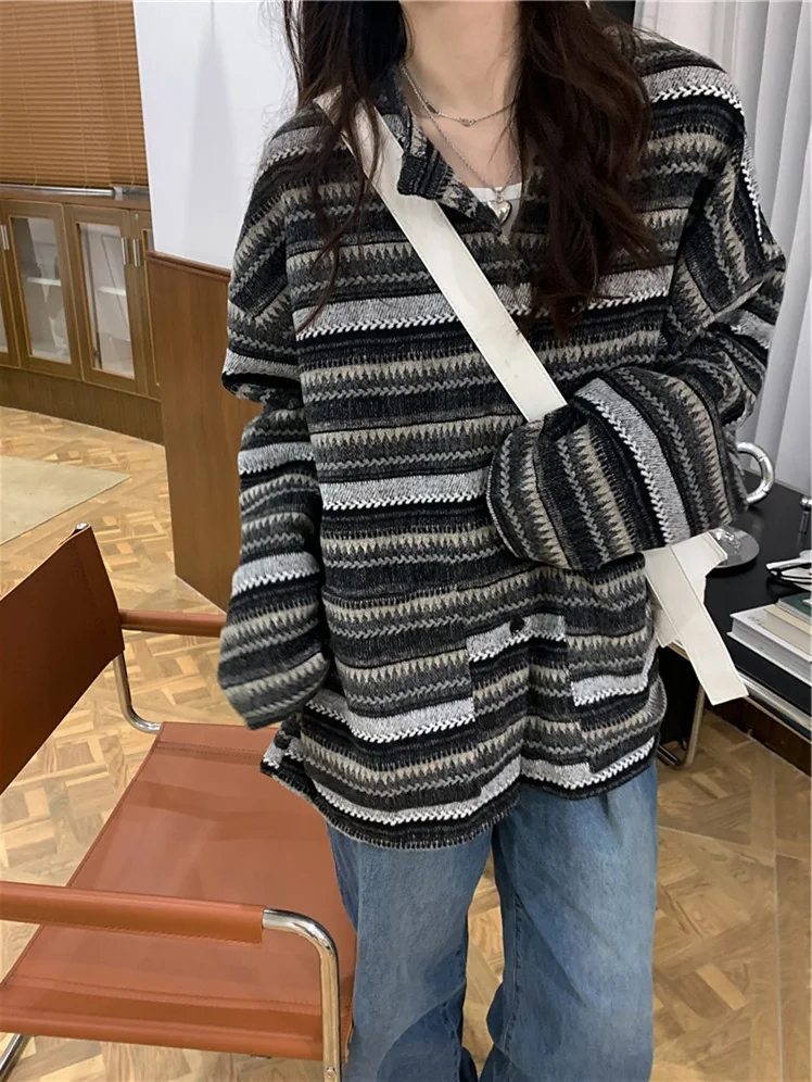 KOSAHIKI Streetwear O-neck Cardigan Women Vintage Striped Single Breasted Female Cardigans Sweater Y2k Aesthetic Harajuku Jumper