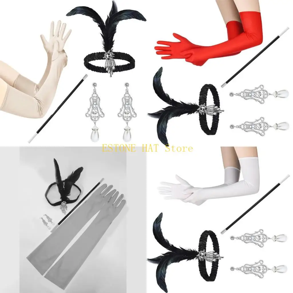 49MF Vintage 1920s Flapper Gatsby Women Costume Accessories Set Feathers Headband Satins Gloves Earrings for Cocktail Party