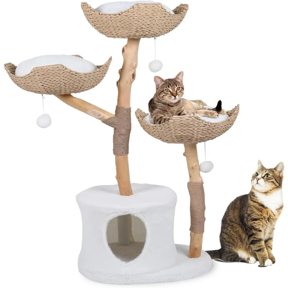 Modern Indoor Cat Tree with Multiple Levels  Solid Real Wood Cat Tower, Scratch Free Rope with Pom-Pom, Cat Bed