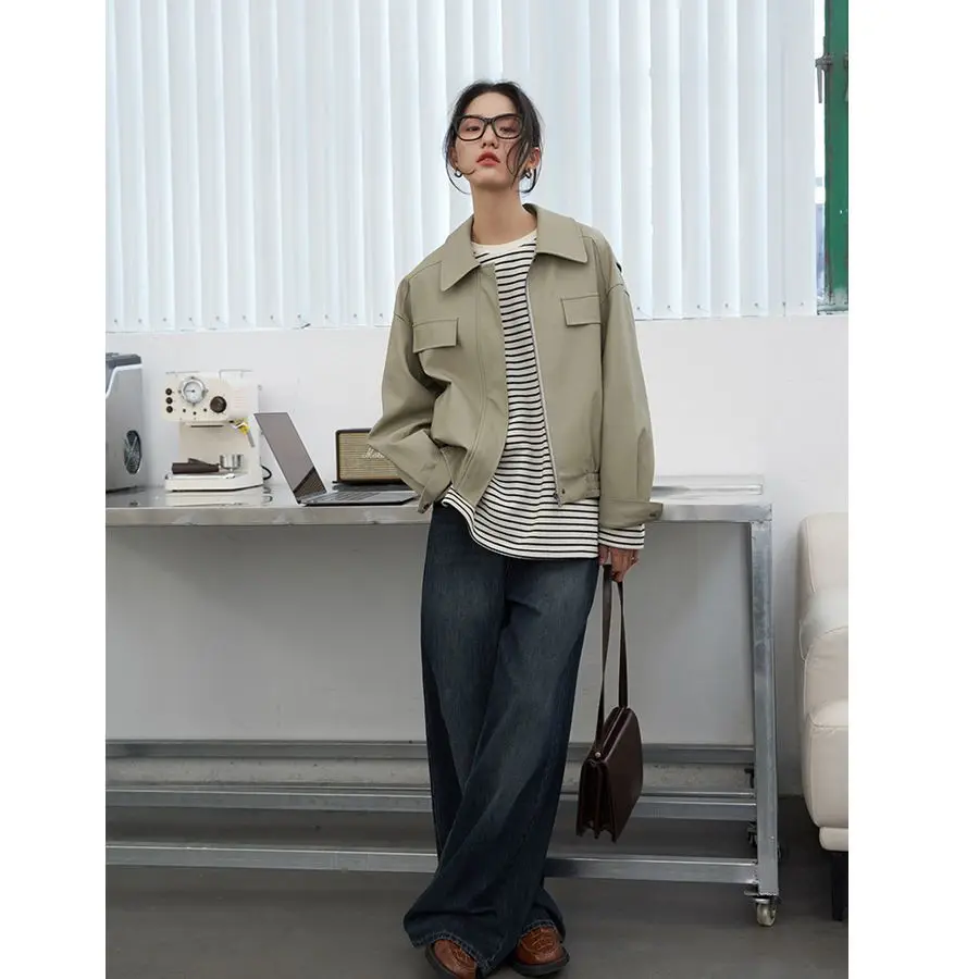 2024 Autumn Leather Jacket Women Oversize Loose Fit Drop Shoulder Short Coat Casual Fashion Trendy Outerwear Tops