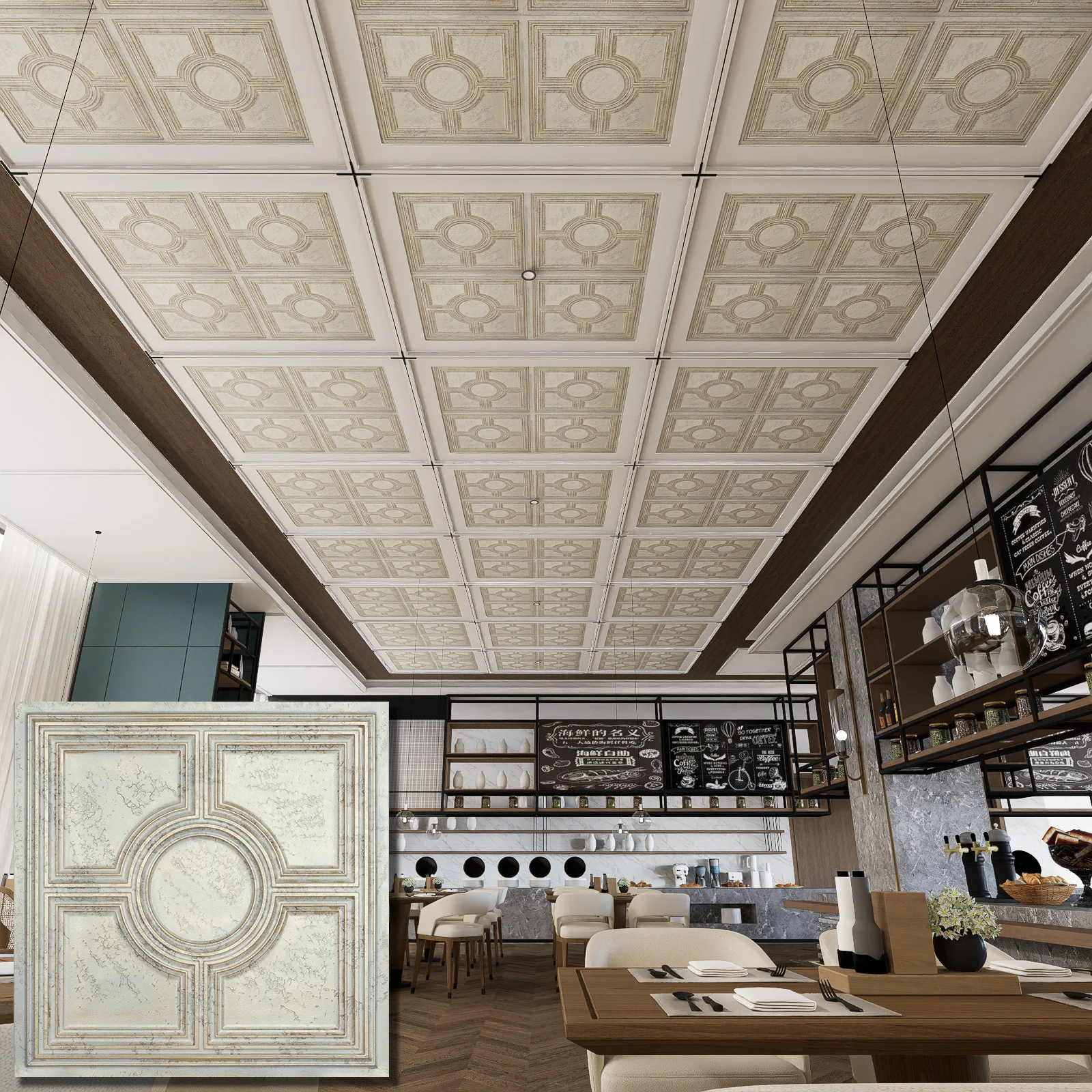 Embossed Tin Ceiling Tiles Interior Decorative Panel for Cafe 24