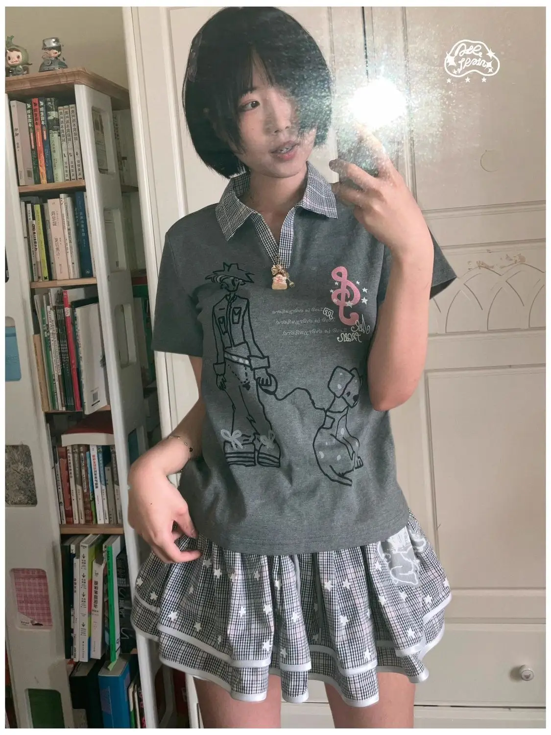 Y2k Japanese Subculture Dog Walking Plaid Shirt Short Sleeved T-shirt Women Summer Design Cute Slim Fit Top