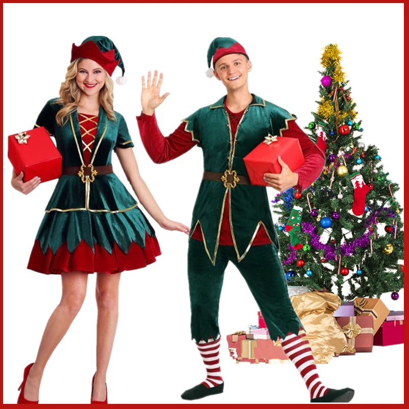 

Christmas Elf Costume Green Woman Man Adult Couple Clothes Santa Claus Dress Xmas Stage Performance Suits Carnival Party Cosplay