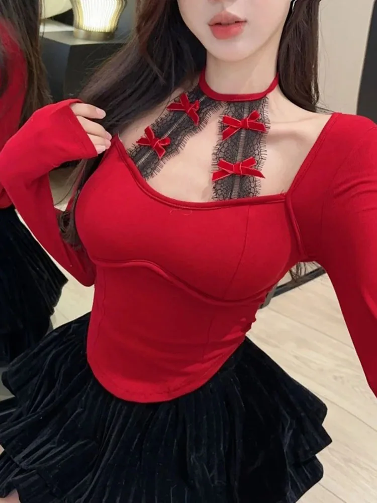 Damen-Spitzen-Langarm-Top, Herbst-Winter, schmale Passform, Weihnachten, rote kurze Bluse, elegantes, lässiges T-Shirt für tägliche Urlaubs-Outfits ​