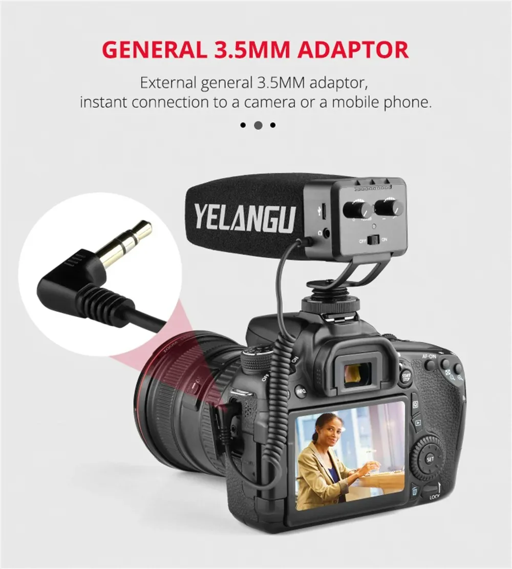 YELANGU Professional On-Camera Interview Microphone 3-level Gain 3.5mm Audio Plug for DSLR Camera VLOG Stereo Pointing Microfone
