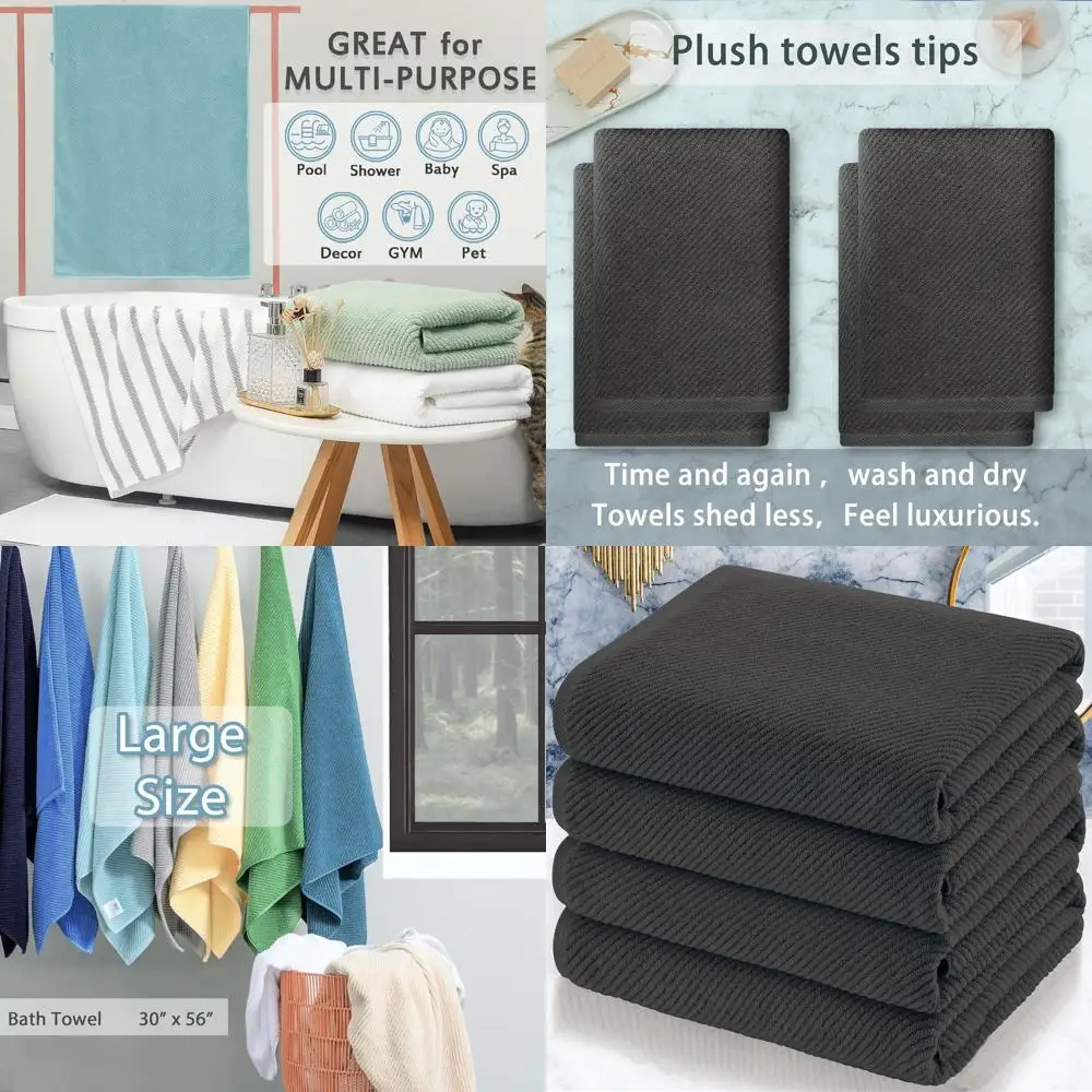 

Роскошный комплект темно-серых банных полотенец (4 шт., большие 30x56) — 100% хлопок, быстросохнущие, легкие, толстые и мягкие впитывающие полотенца