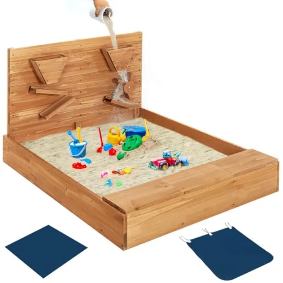 

Деревянная уличная песочница с тканевым вкладышем, воронками, вращающимся колесом и 3 отсеками для хранения для двора и пляжа