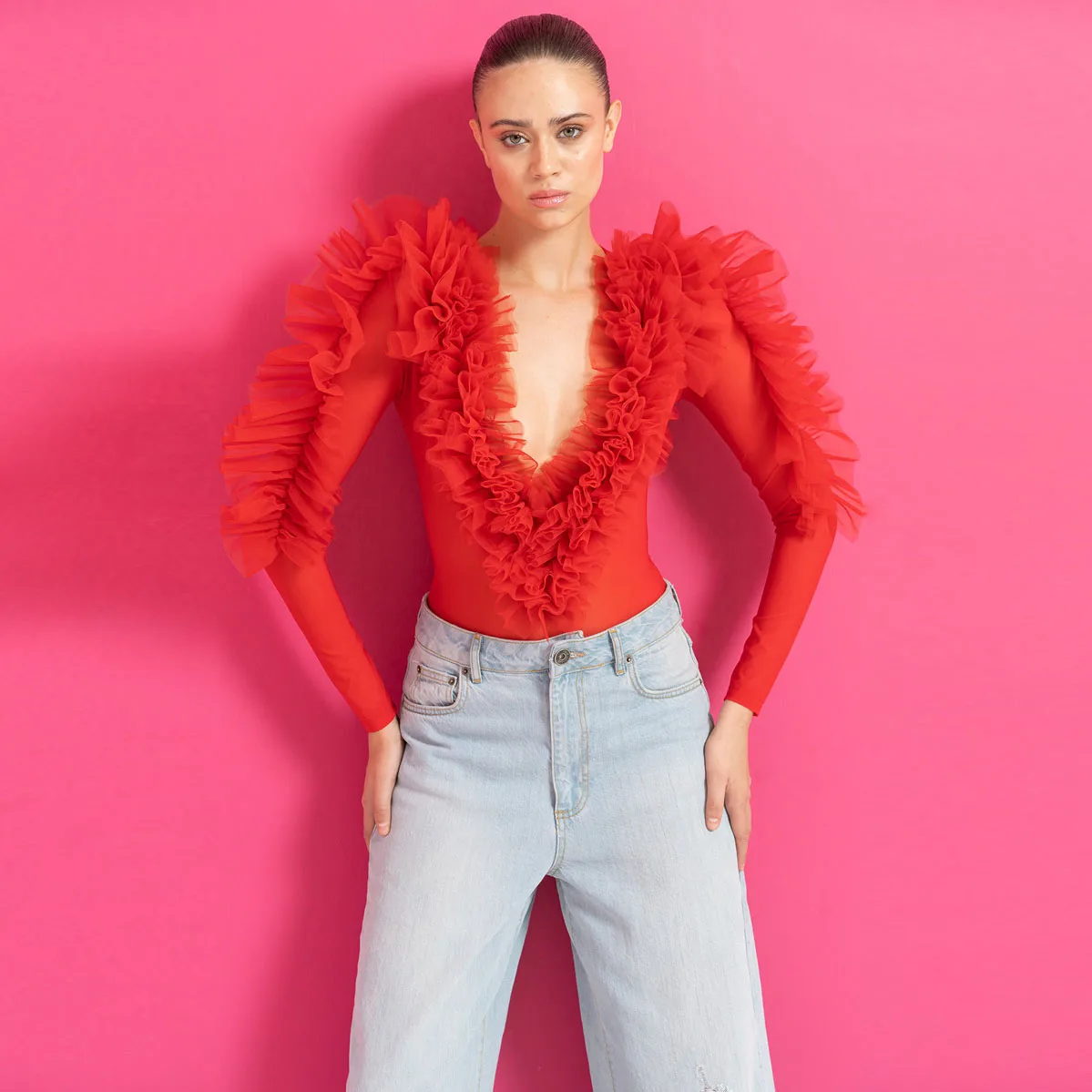 

Ruffle-Trim Red Mesh Bodysuit 2023 Chic V Neck Tulle Women Bodysuit Red Mini Jumpsuit Female Top Elastic Fabric Underwear Custom