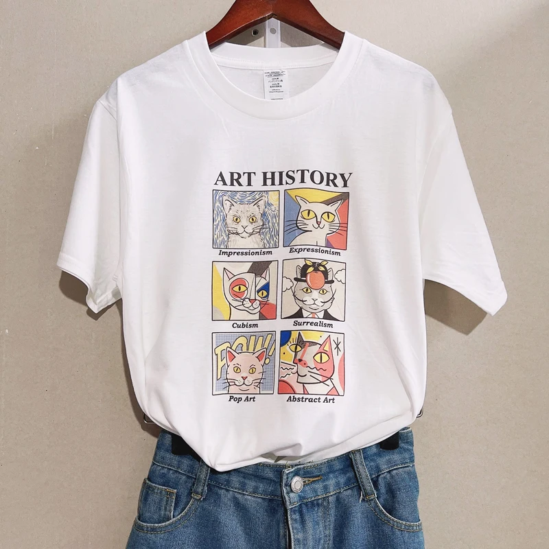 2022 Art History Cat Funny Printed T Shirt Women Short Sleeve Cotton Fashion O-Neck Printing Tops