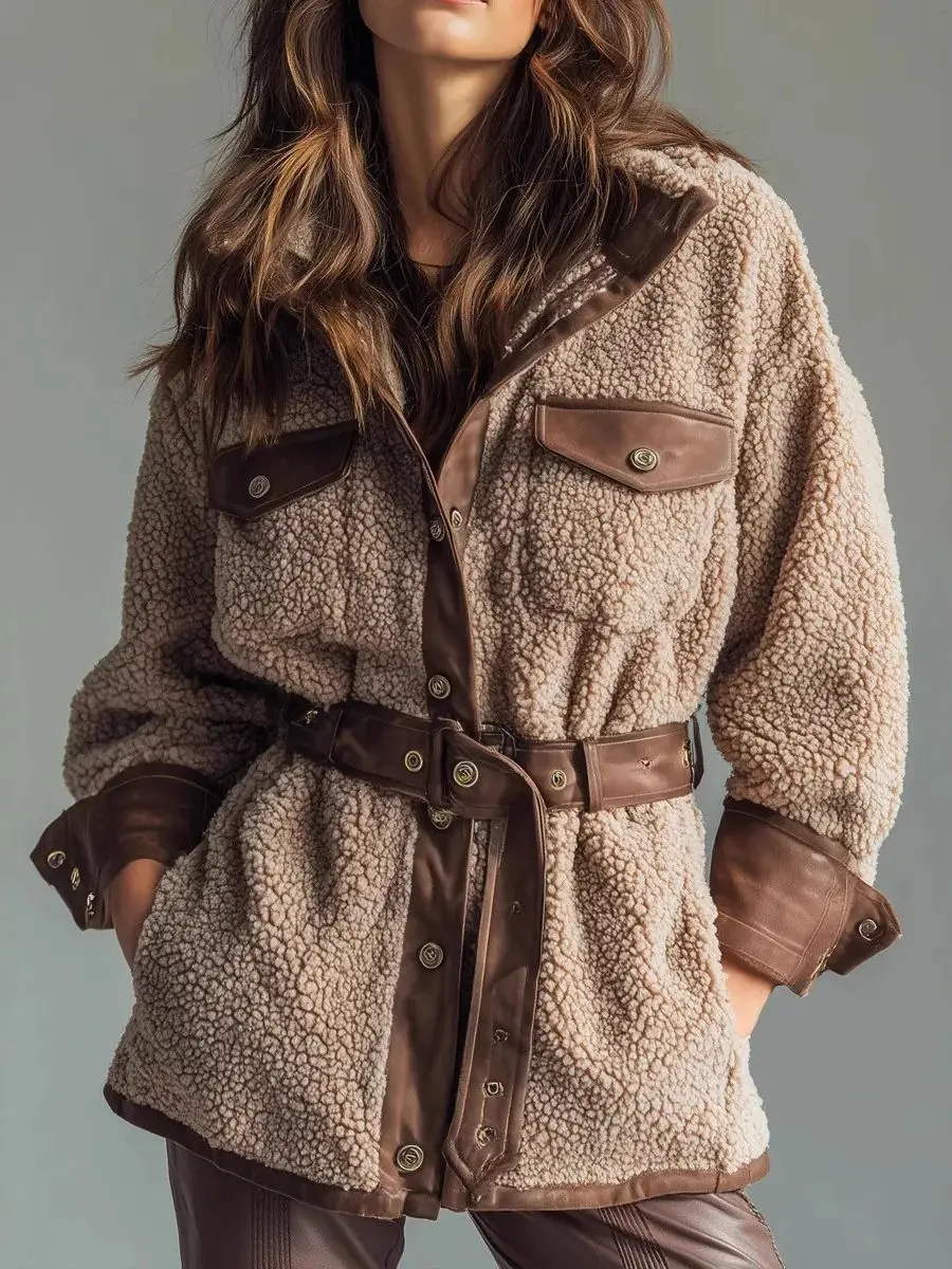 

Женское зимнее пальто из искусственного меха ягненка с лацканами ​ ​ Толстое пальто из искусственной кожи, женская модная куртка в стиле ретро с длинным рукавом и поясом