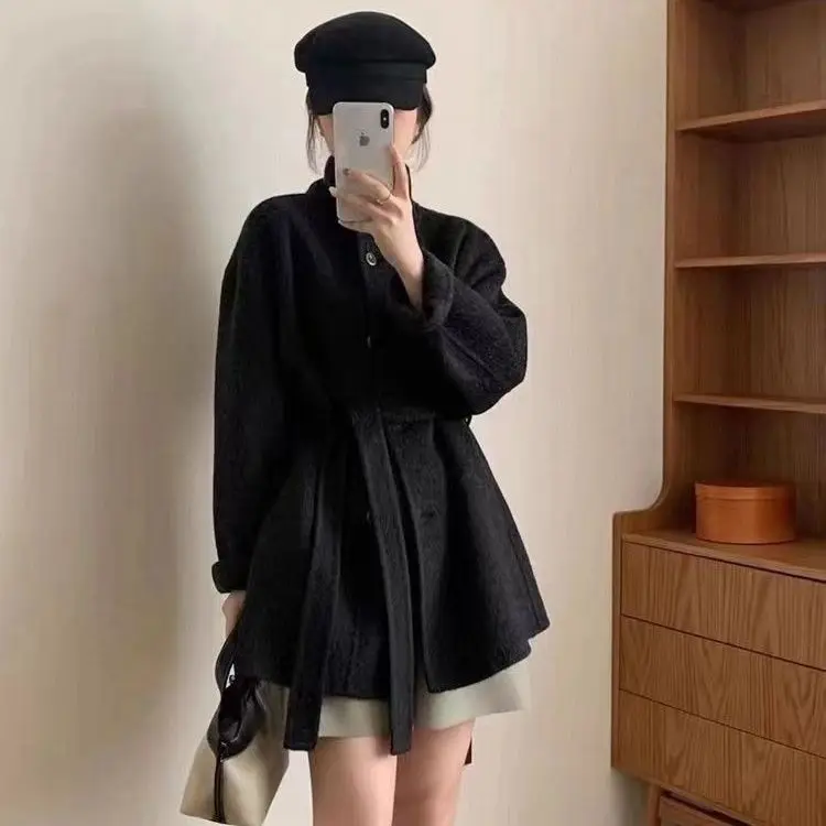 New 25-year autumn and winter medium-length stand-up collar temperament thin belt single-breasted explosion