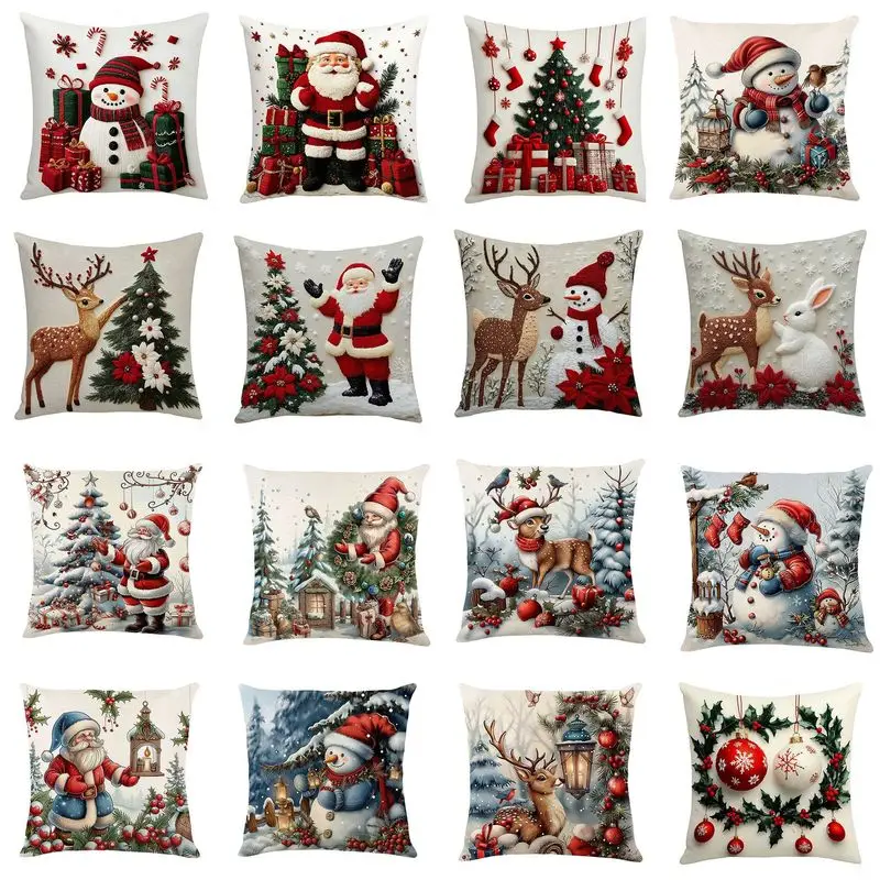 VIKAMA Christmas Pillow Cover Soft & Skin‑Friendly Deer Snowman Poinsettia Winter Cushion Case for Sofa Office Home Decor