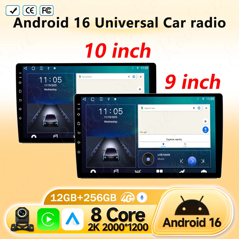 Фото Универсальная автомобильная магнитола Android 16 с экраном 9/10 дюймов, CarPlay, Android Auto, GPS, мультимедийный плеер, 2 DIN, Wi-Fi, QLED-экран, Bluetooth