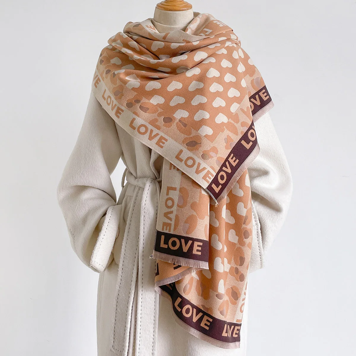Winter High Grade Faux Cashmere Shawl Women Milk Tea Beige Vintage Lovely Heart Love Pattern Thick Cozy Warm Large Wrap Scarf