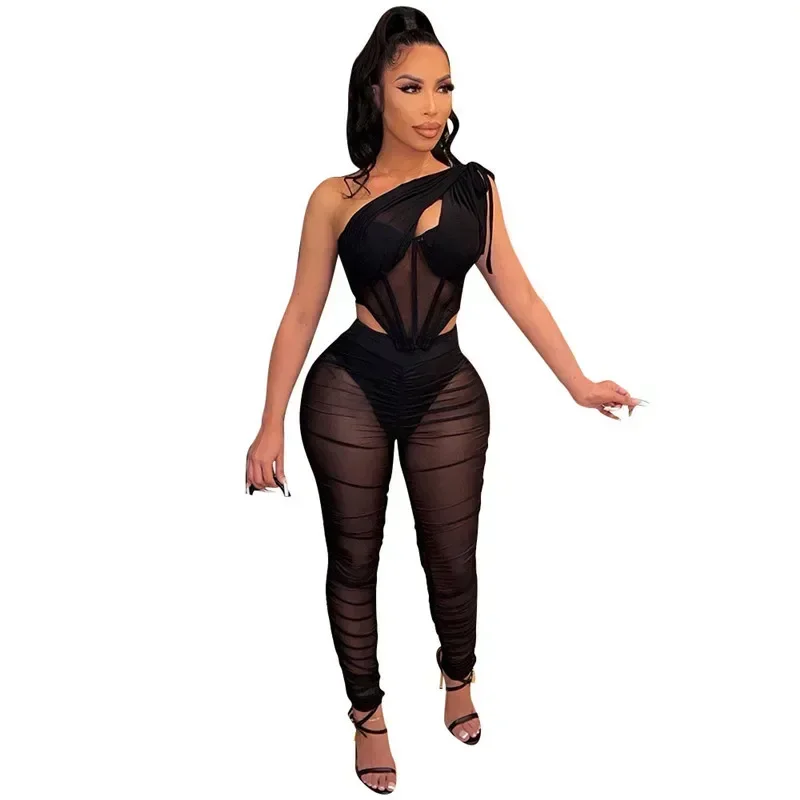 

GUWU сексуальный черный сетчатый прозрачный комплект из двух предметов Rave Club наряды для женщин укороченный топ на одно плечо леггинсы костюмы одинаковые комплекты