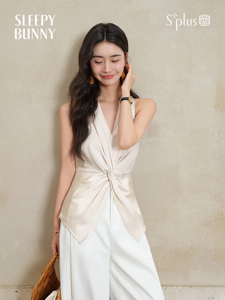 French Style Knotted V Neck Camisole Top Women Summer Elegant Sleeveless Fashion Tank Chic Design Casual Slim Fit Vest Blouse