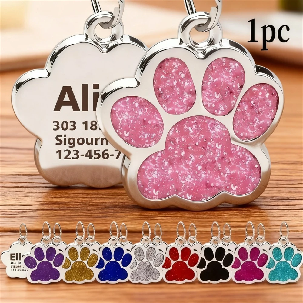 Collier personnalisé pour chien et chat avec gravure personnalisée, pendentif en acier inoxydable avec empreinte de patte et paillettes, accessoires pour animaux de compagnie