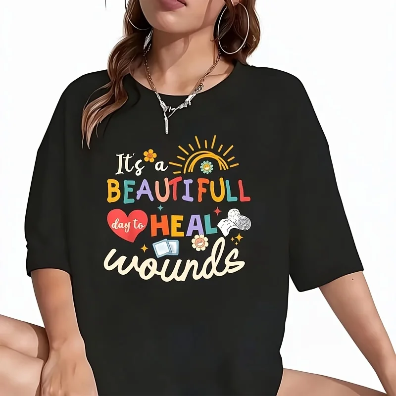 It'S A Beautiful Day to Heal Wounds Women's T-Shirt Funny Graphic Short Sleeve Tee Novelty Shirt Casual Crew Neck Top 100% Cotton S-5XL
