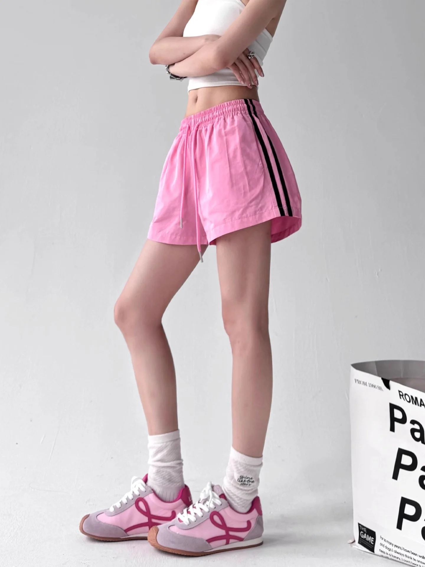 

Off American Retro Color Blo Striped Sports orts Women's High Waist Slimming Casual Pants Straight Leg Loose Fit