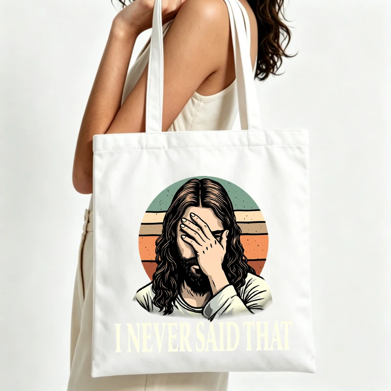 Women's bearded figure graphic canvas tote bag with retro stripes and typography print, ideal for casual daily use and shopping