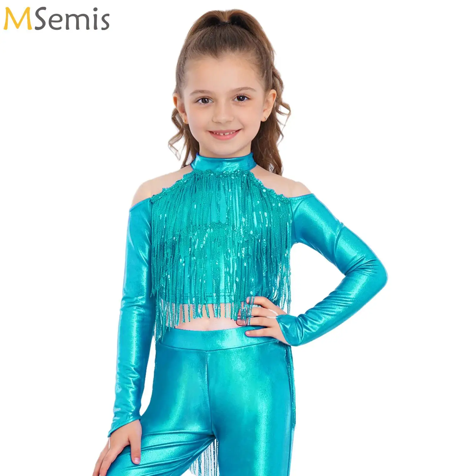 

Kids Girls Jazz Hip Hop Dance Tops Metallic Shiny Tassels T-shirt Crop Top Latin Cheerleading Stage Performance Street Dancewear