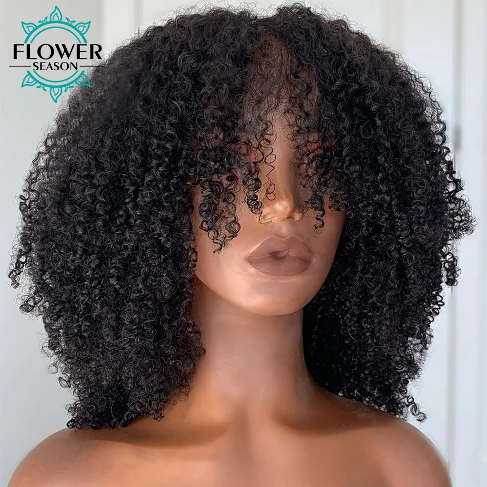 

Afro Kinky Curly Wig With Bangs Full Machine Made Scalp Top Wig 200 Density Virgin Brazilian Short Curly Human Hair Wigs